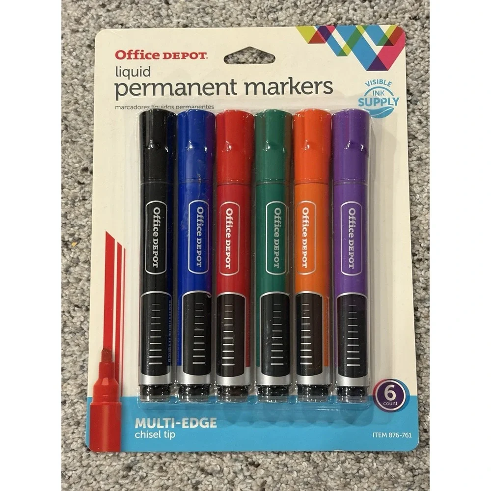 Office Depot Permanent Markers chisel tip clear barrel pack of 6 NEW Free Ship